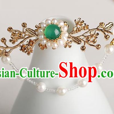 Chinese Classical Palace Green Chalcedony Hair Stick Handmade Hanfu Hair Accessories Ancient Ming Dynasty Empress Tassel Plum Hairpins
