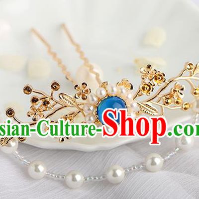 Chinese Classical Palace Blue Chalcedony Hair Stick Handmade Hanfu Hair Accessories Ancient Ming Dynasty Empress Tassel Plum Hairpins