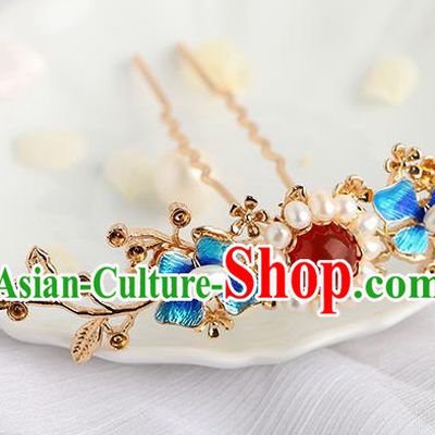 Chinese Classical Palace Pearls Blueing Hair Stick Handmade Hanfu Hair Accessories Ancient Ming Dynasty Empress Plum Hairpins