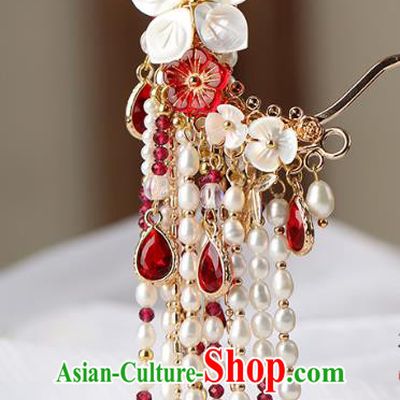 Chinese Classical Palace Pearls Tassel Hair Stick Handmade Hanfu Hair Accessories Ancient Ming Dynasty Empress Shell Plum Hairpins