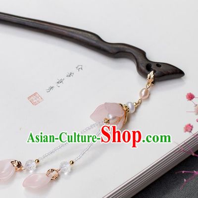 Chinese Classical Palace Pink Flower Tassel Hair Stick Handmade Hanfu Hair Accessories Ancient Ming Dynasty Empress Ebony Hairpins