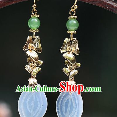 Chinese Handmade White Jade Earrings Classical Ear Accessories Hanfu Qing Dynasty Princess Lotus Petal Eardrop