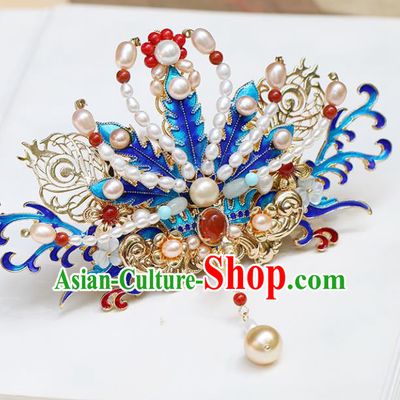 Chinese Classical Palace Blueing Phoenix Hair Crown Handmade Hanfu Hair Accessories Ancient Ming Dynasty Empress Gems Pearls Hairpins