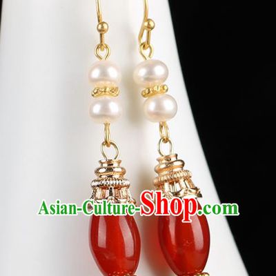 Chinese Handmade Pearl Earrings Classical Ear Accessories Hanfu Qing Dynasty Princess Red Agate Eardrop