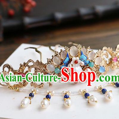 Chinese Classical Palace Gems Hair Stick Handmade Hanfu Hair Accessories Ancient Ming Dynasty Princess Chalcedony Hair Crown Hairpins