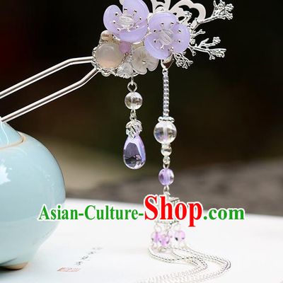 Chinese Classical Palace Purple Plum Hair Stick Handmade Hanfu Hair Accessories Ancient Ming Dynasty Princess Argent Tassel Hairpins