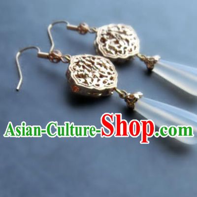 Chinese Handmade White Chalcedony Earrings Classical Ear Accessories Hanfu Ming Dynasty Princess Golden Eardrop