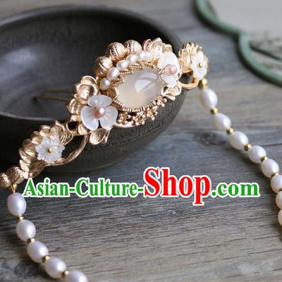 Chinese Classical Palace Golden Lotus Hair Stick Handmade Hanfu Hair Accessories Ancient Tang Dynasty Princess Hairpins Pearls Hair Crown