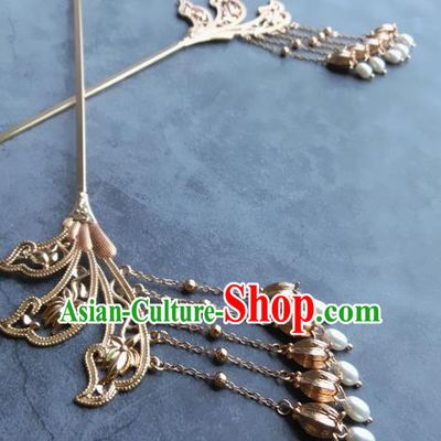 Chinese Classical Palace Tassel Hair Sticks Handmade Hanfu Hair Accessories Ancient Tang Dynasty Empress Golden Convallaria Hairpins