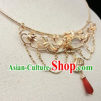 Chinese Handmade Hanfu Golden Crane Necklet Classical Jewelry Accessories Ancient Ming Dynasty Princess Agate Necklace for Women