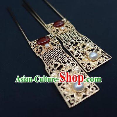 Chinese Classical Palace Agate Golden Hair Sticks Handmade Hanfu Hair Accessories Ancient Tang Dynasty Empress Carving Lotus Hairpins
