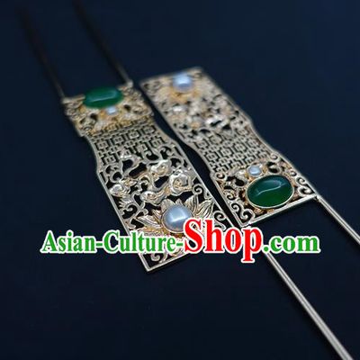 Chinese Classical Palace Chrysoprase Golden Hair Sticks Handmade Hanfu Hair Accessories Ancient Tang Dynasty Empress Carving Lotus Hairpins