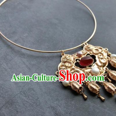 Chinese Handmade Hanfu Golden Convallaria Tassel Necklet Classical Jewelry Accessories Ancient Ming Dynasty Princess Agate Necklace for Women