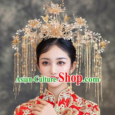 Chinese Classical Wedding Phoenix Coronet Handmade Hair Accessories Ancient Bride Hairpins Hair Crown Complete Set