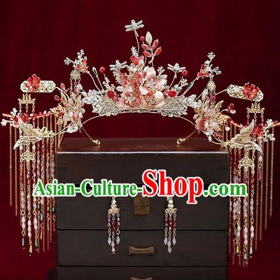 Chinese Classical Wedding Dragonfly Phoenix Coronet Handmade Hair Accessories Ancient Bride Tassel Hair Crown Hairpins Complete Set