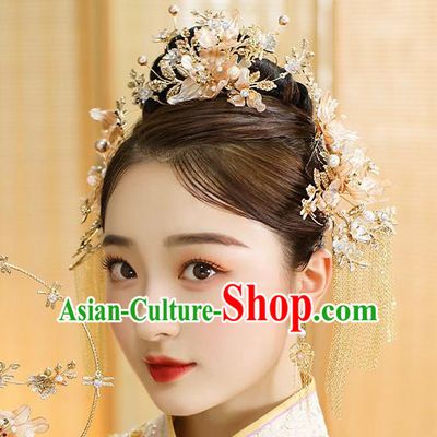 Chinese Classical Wedding Flowers Hair Crown Handmade Hair Accessories Ancient Bride Golden Tassel Hairpins Complete Set