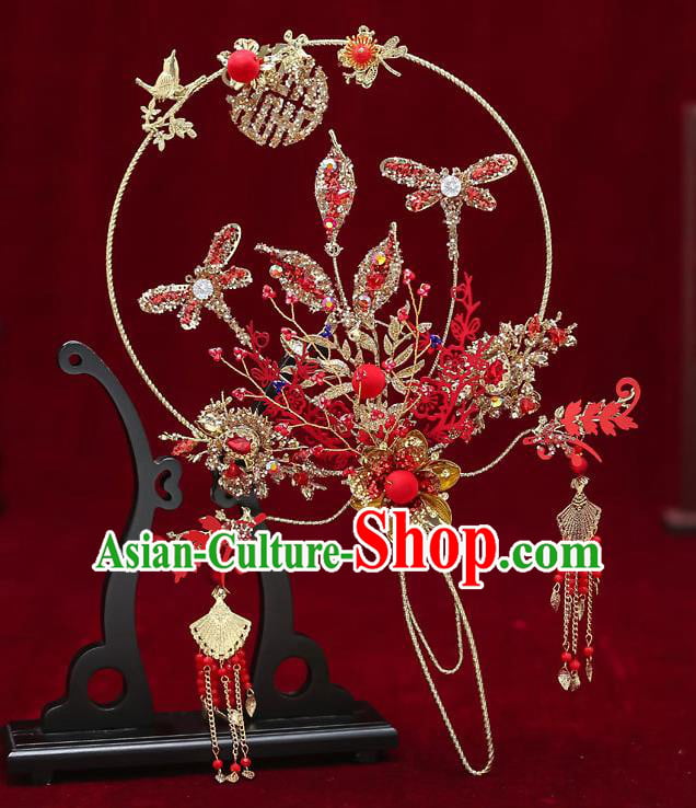 Chinese Handmade Wedding Red Dragonfly Palace Fans Classical Fans Ancient Bride Crystal Round Fans Chinese Handmade Wedding Red Dragonfly Palace Fans Classical Fans Ancient Bride Crystal Round Fans