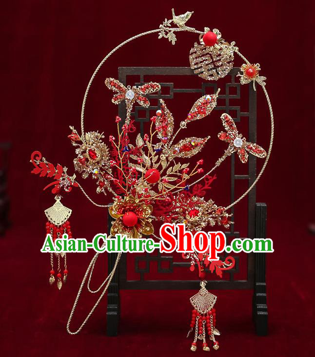 Chinese Handmade Wedding Red Dragonfly Palace Fans Classical Fans Ancient Bride Crystal Round Fans Chinese Handmade Wedding Red Dragonfly Palace Fans Classical Fans Ancient Bride Crystal Round Fans