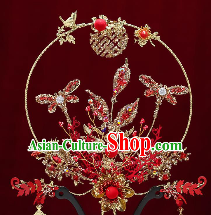 Chinese Handmade Wedding Red Dragonfly Palace Fans Classical Fans Ancient Bride Crystal Round Fans Chinese Handmade Wedding Red Dragonfly Palace Fans Classical Fans Ancient Bride Crystal Round Fans