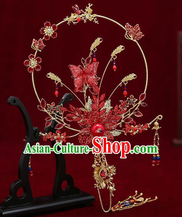 Chinese Handmade Wedding Red Butterfly Palace Fans Classical Fans Ancient Bride Tassel Round Fans