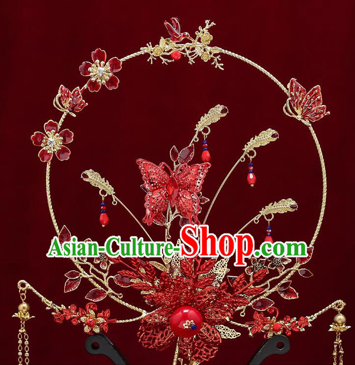 Chinese Handmade Wedding Red Butterfly Palace Fans Classical Fans Ancient Bride Tassel Round Fans
