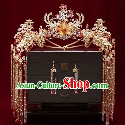 Chinese Classical Wedding Yellow Silk Flowers Hair Crown Handmade Hair Accessories Ancient Bride Tassel Hairpins Phoenix Coronet Complete Set