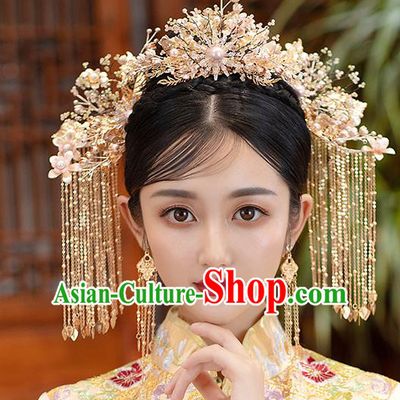 Chinese Classical Wedding Hair Crown Handmade Hair Accessories Ancient Bride Tassel Hairpins Golden Phoenix Coronet Complete Set