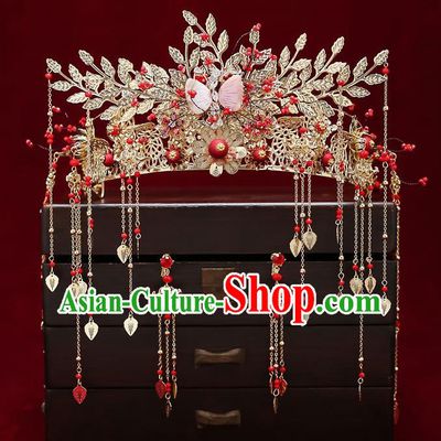 Chinese Classical Wedding Pink Shell Butterfly Hair Crown Handmade Hair Accessories Ancient Bride Tassel Hairpins Phoenix Coronet Complete Set