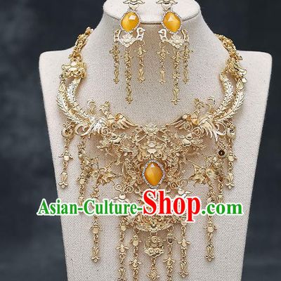 Chinese Handmade Hanfu Golden Phoenix Necklet and Earrings Classical Jewelry Accessories Ancient Wedding Necklace for Women
