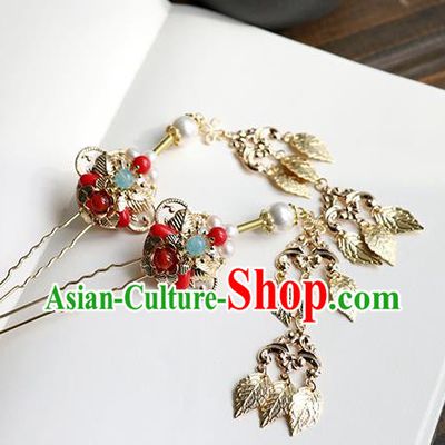 Chinese Classical Palace Golden Leaf Tassel Hair Stick Handmade Hanfu Hair Accessories Ancient Ming Dynasty Princess Hairpins
