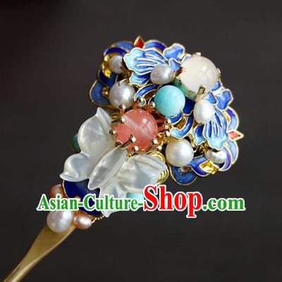 Chinese Classical Palace Gems Blueing Hair Stick Handmade Hanfu Hair Accessories Ancient Ming Dynasty Princess Pearls Shell Butterfly Hairpins