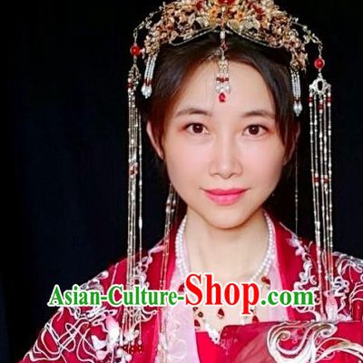 Chinese Classical Wedding Phoenix Coronet Handmade Hanfu Hair Accessories Ancient Ming Dynasty Princess Tassel Hairpins