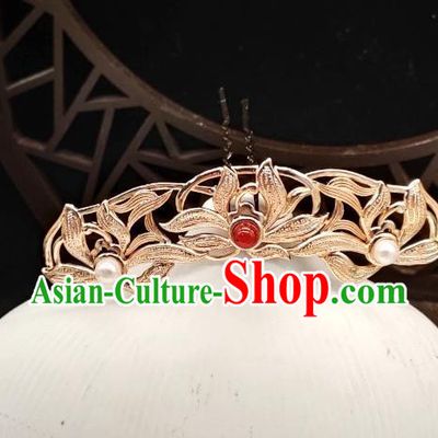 Chinese Classical Gems Hair Crown Handmade Hanfu Hair Accessories Ancient Tang Dynasty Princess Golden Lotus Hairpins