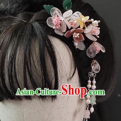 Chinese Classical Pink Flowers Tassel Hair Stick Handmade Hanfu Hair Accessories Ancient Song Dynasty Princess Aventurine Hairpins