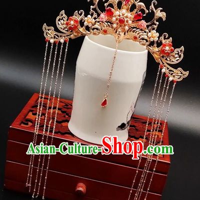 Chinese Classical Agate Phoenix Coronet Handmade Hanfu Hair Accessories Ancient Tang Dynasty Princess Hairpins Golden Hair Crown