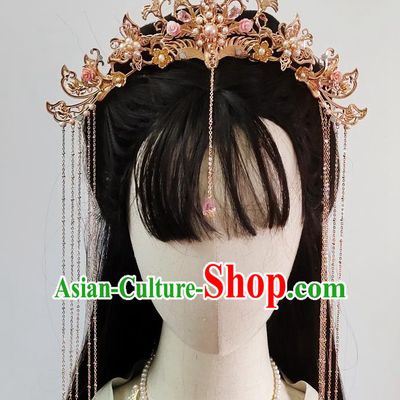 Chinese Classical Pink Rose Phoenix Coronet Handmade Hanfu Hair Accessories Ancient Tang Dynasty Princess Hairpins Golden Hair Crown