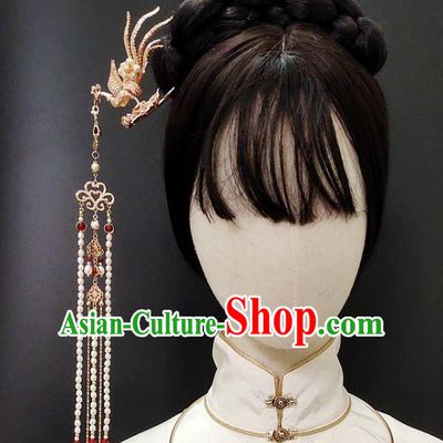 Chinese Classical Pearls Tassel Hair Sticks Handmade Hanfu Hair Accessories Ancient Tang Dynasty Princess Hairpins Golden Phoenix Hair Clip