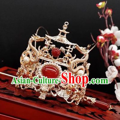 Chinese Classical Agate Hair Stick Handmade Hanfu Hair Accessories Ancient Tang Dynasty Princess Hairpins Golden Dragon Hair Crown