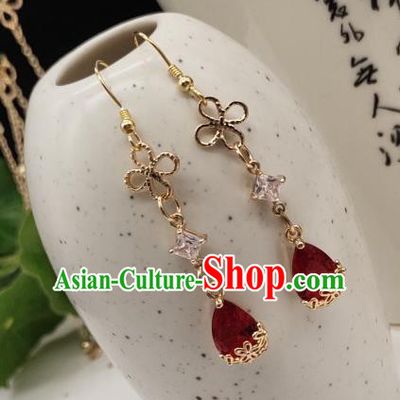 Chinese Handmade Red Crystal Earrings Classical Ear Accessories Hanfu Ming Dynasty Princess Eardrop