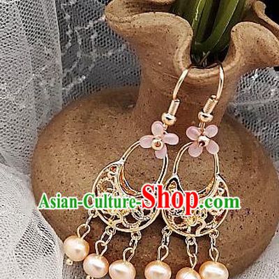 Chinese Handmade Pearls Tassel Earrings Classical Ear Accessories Hanfu Ming Dynasty Princess Golden Eardrop