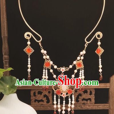 Chinese Handmade Ming Dynasty Hanfu Necklet Classical Jewelry Accessories Ancient Princess Red Beads Tassel Necklace for Women