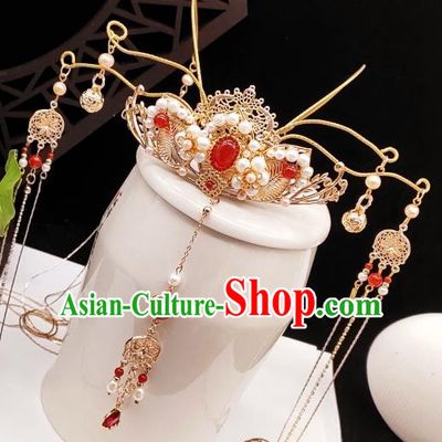 Chinese Classical Pearls Phoenix Coronet Handmade Hanfu Hair Accessories Ancient Tang Dynasty Princess Hairpins Tassel Hair Crown