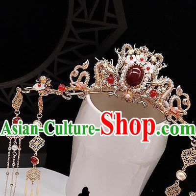 Chinese Classical Golden Dragon Phoenix Coronet Handmade Hanfu Hair Accessories Ancient Tang Dynasty Princess Hairpins Agate Hair Crown