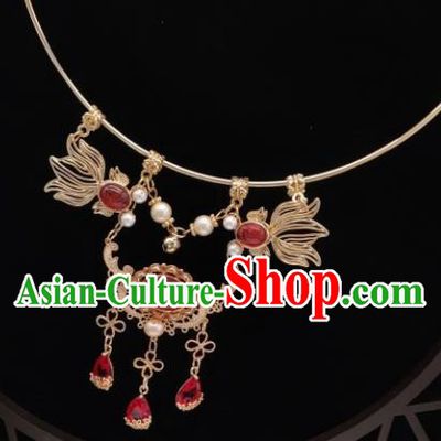 Chinese Handmade Ming Dynasty Hanfu Red Quartz Necklet Classical Jewelry Accessories Ancient Princess Golden Necklace for Women