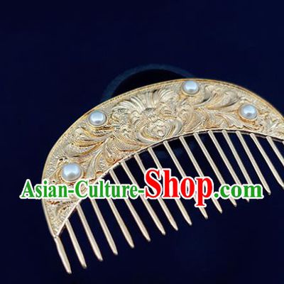 Chinese Classical Golden Hair Comb Handmade Hanfu Hair Accessories Ancient Tang Dynasty Empress Carving Peony Pearls Hairpins