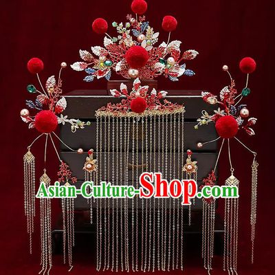 Chinese Classical Wedding Red Venonat Hair Crown Handmade Hair Accessories Ancient Bride Hairpins Hair Comb Complete Set