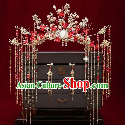 Chinese Classical Wedding Red Beads Hair Crown Handmade Hair Accessories Ancient Bride Hairpins Tassel Phoenix Coronet Complete Set