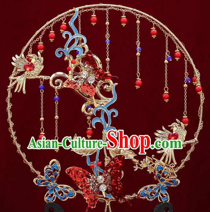 Chinese Handmade Wedding Blueing Butterfly Palace Fans Classical Fans Ancient Bride Red Round Fans Chinese Handmade Wedding Blueing Butterfly Palace Fans Classical Fans Ancient Bride Red Round Fans