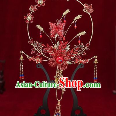 Chinese Handmade Wedding Red Butterfly Plum Palace Fans Classical Fans Ancient Bride Tassel Round Fans