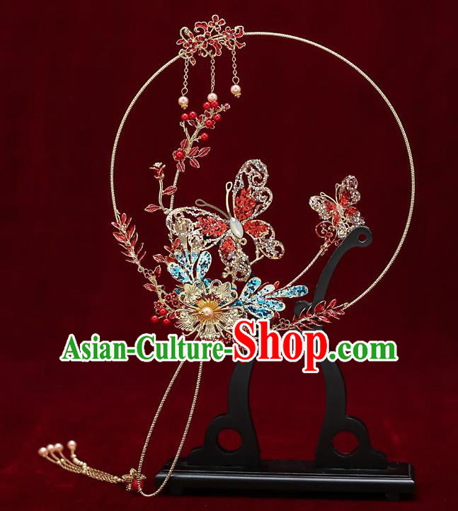 Chinese Handmade Wedding Palace Fans Classical Fans Ancient Bride Red Crystal Butterfly Round Fans Chinese Handmade Wedding Palace Fans Classical Fans Ancient Bride Red Crystal Butterfly Round Fans
